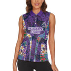 Melbourne Storm Women Sleeveless Polo Shirt Tropical Hibiscus Floral Pattern With Purple And Blue Accents