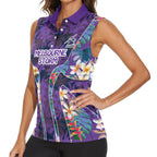 Melbourne Storm Women Sleeveless Polo Shirt Tropical Hibiscus Floral Pattern With Purple And Blue Accents