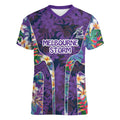Melbourne Storm Women V-Neck T-Shirt Tropical Hibiscus Floral Pattern With Purple And Blue Accents