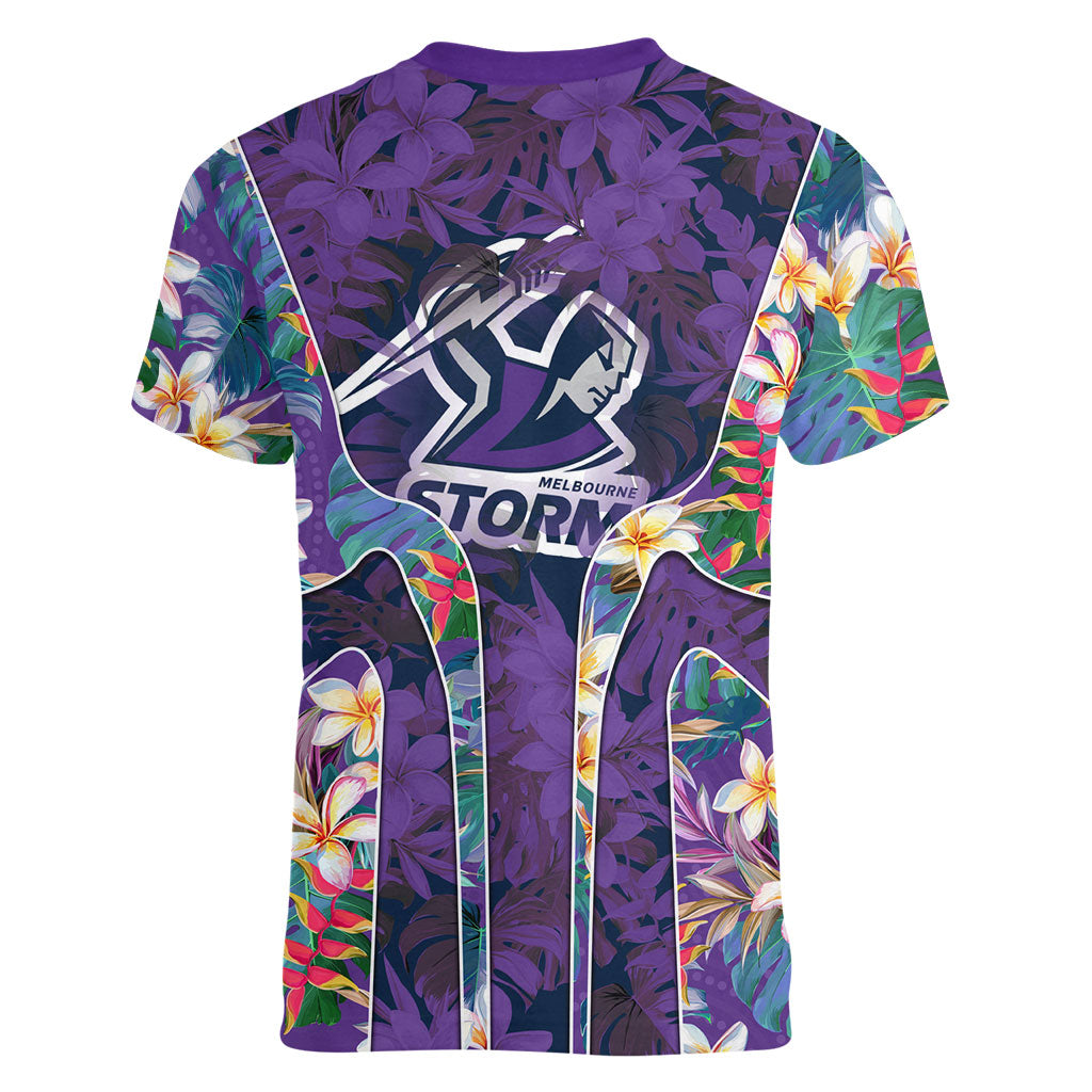 Melbourne Storm Women V-Neck T-Shirt Tropical Hibiscus Floral Pattern With Purple And Blue Accents