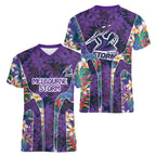 Melbourne Storm Women V-Neck T-Shirt Tropical Hibiscus Floral Pattern With Purple And Blue Accents