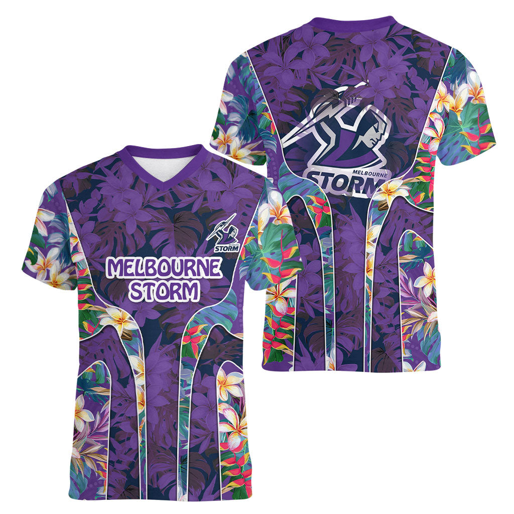 Melbourne Storm Women V-Neck T-Shirt Tropical Hibiscus Floral Pattern With Purple And Blue Accents