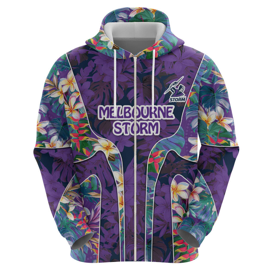 Melbourne Storm Zip Hoodie Tropical Hibiscus Floral Pattern With Purple And Blue Accents