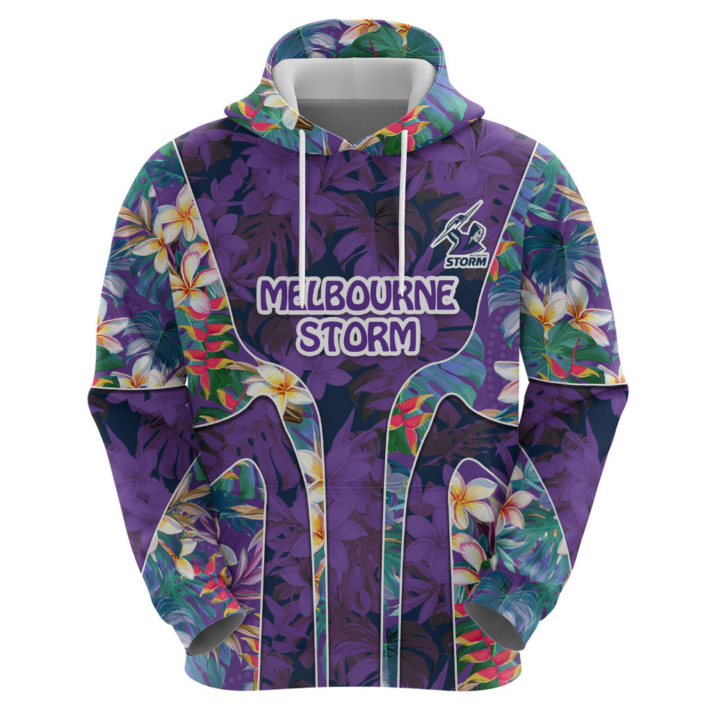 Melbourne Storm Zip Hoodie Tropical Hibiscus Floral Pattern With Purple And Blue Accents