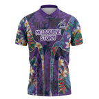 Melbourne Storm Zipper Polo Shirt Tropical Hibiscus Floral Pattern With Purple And Blue Accents