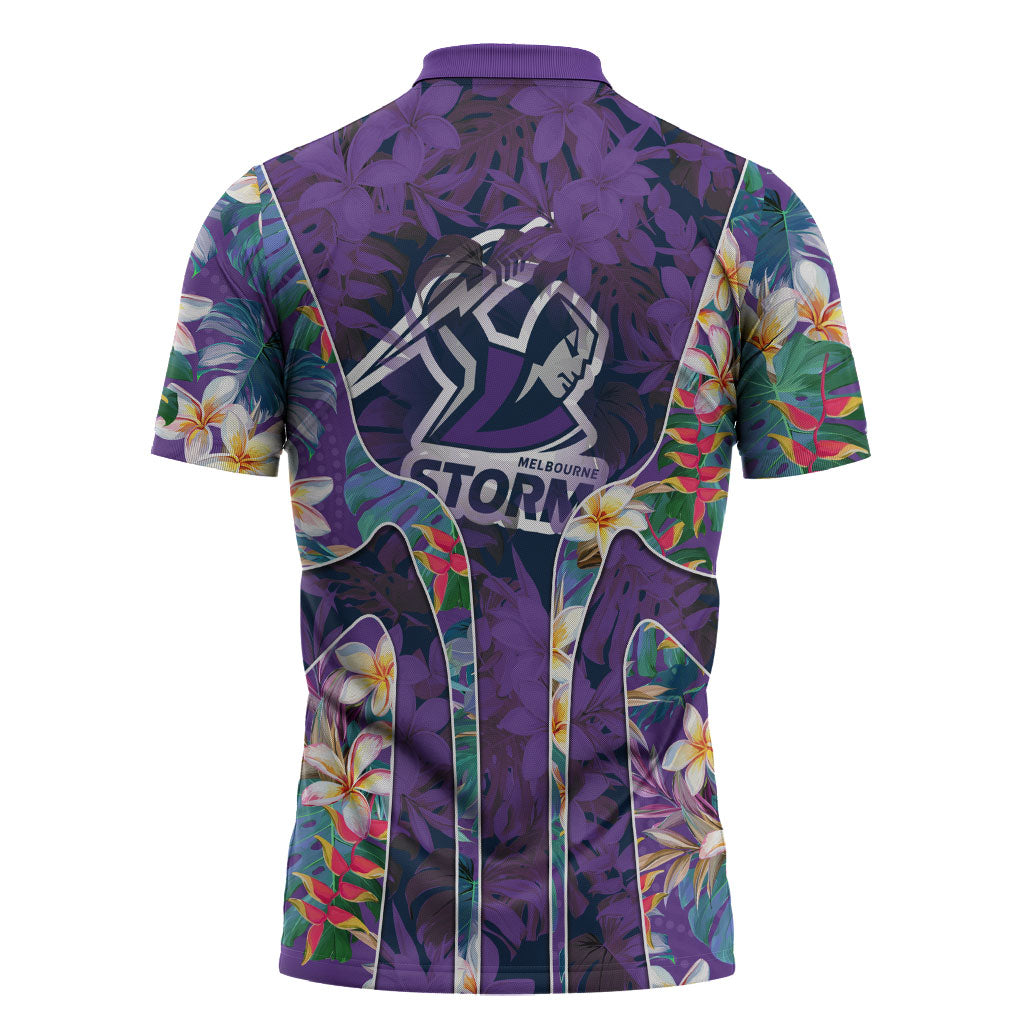 Melbourne Storm Zipper Polo Shirt Tropical Hibiscus Floral Pattern With Purple And Blue Accents