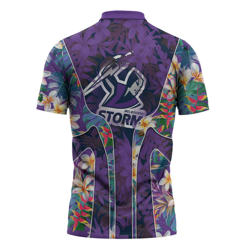 Melbourne Storm Zipper Polo Shirt Tropical Hibiscus Floral Pattern With Purple And Blue Accents