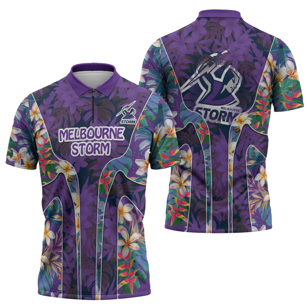 Melbourne Storm Zipper Polo Shirt Tropical Hibiscus Floral Pattern With Purple And Blue Accents