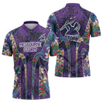 Melbourne Storm Zipper Polo Shirt Tropical Hibiscus Floral Pattern With Purple And Blue Accents