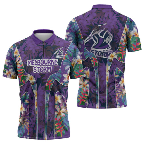 Melbourne Storm Zipper Polo Shirt Tropical Hibiscus Floral Pattern With Purple And Blue Accents