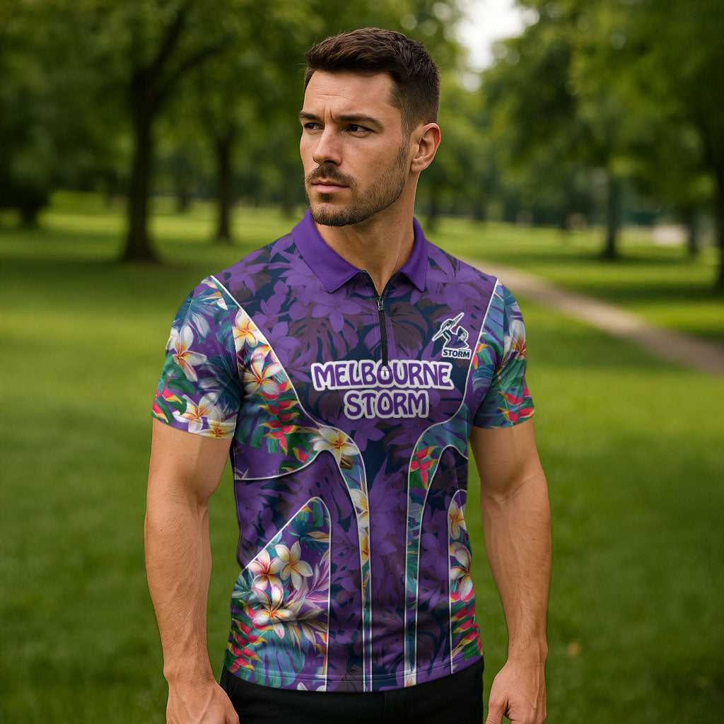 Melbourne Storm Zipper Polo Shirt Tropical Hibiscus Floral Pattern With Purple And Blue Accents