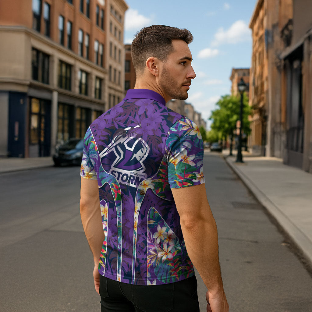 Melbourne Storm Zipper Polo Shirt Tropical Hibiscus Floral Pattern With Purple And Blue Accents