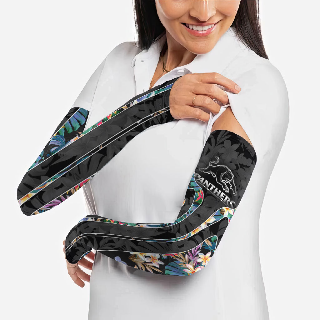 Penrith Panthers Arm Sleeves Tropical Hibiscus Floral Pattern With Black And Grey Accents