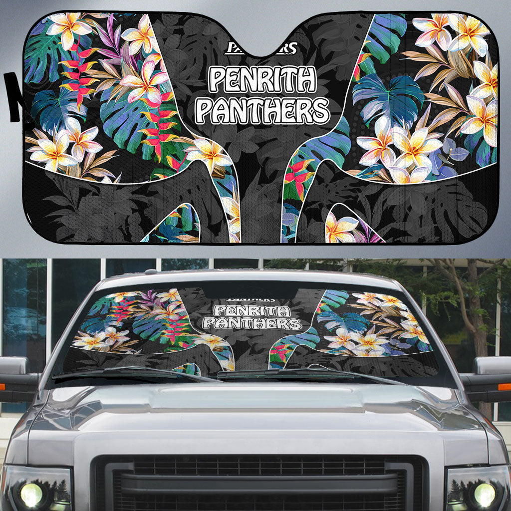 Penrith Panthers Auto Sun Shade Tropical Hibiscus Floral Pattern With Black And Grey Accents