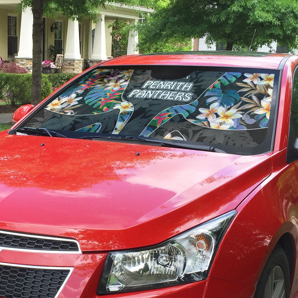 Penrith Panthers Auto Sun Shade Tropical Hibiscus Floral Pattern With Black And Grey Accents