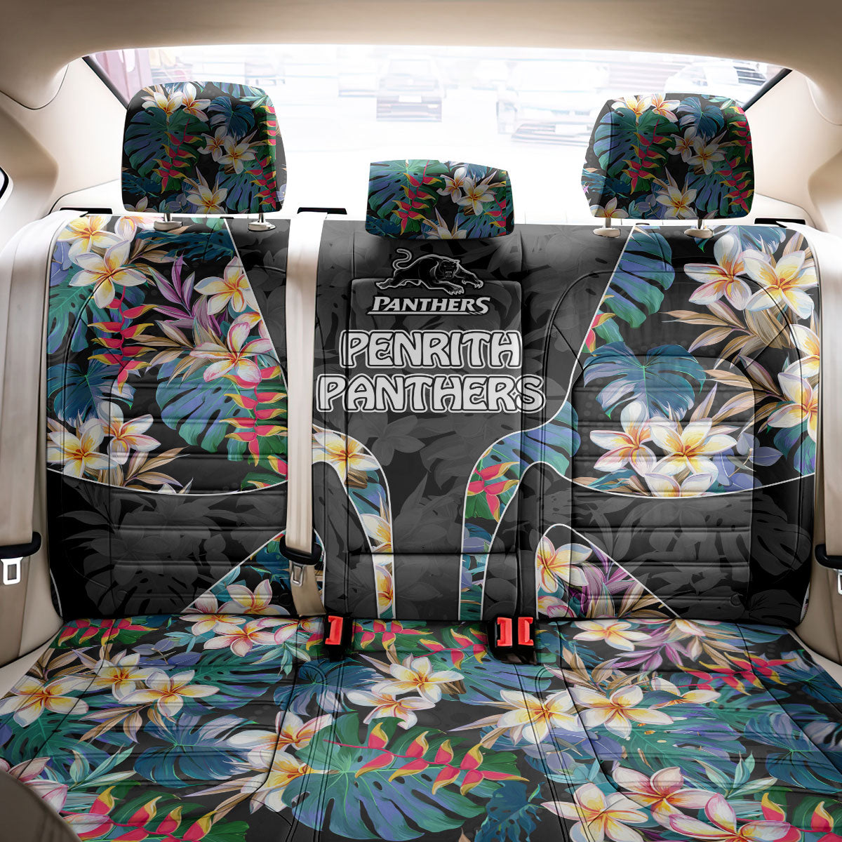 Penrith Panthers Back Car Seat Cover Tropical Hibiscus Floral Pattern With Black And Grey Accents