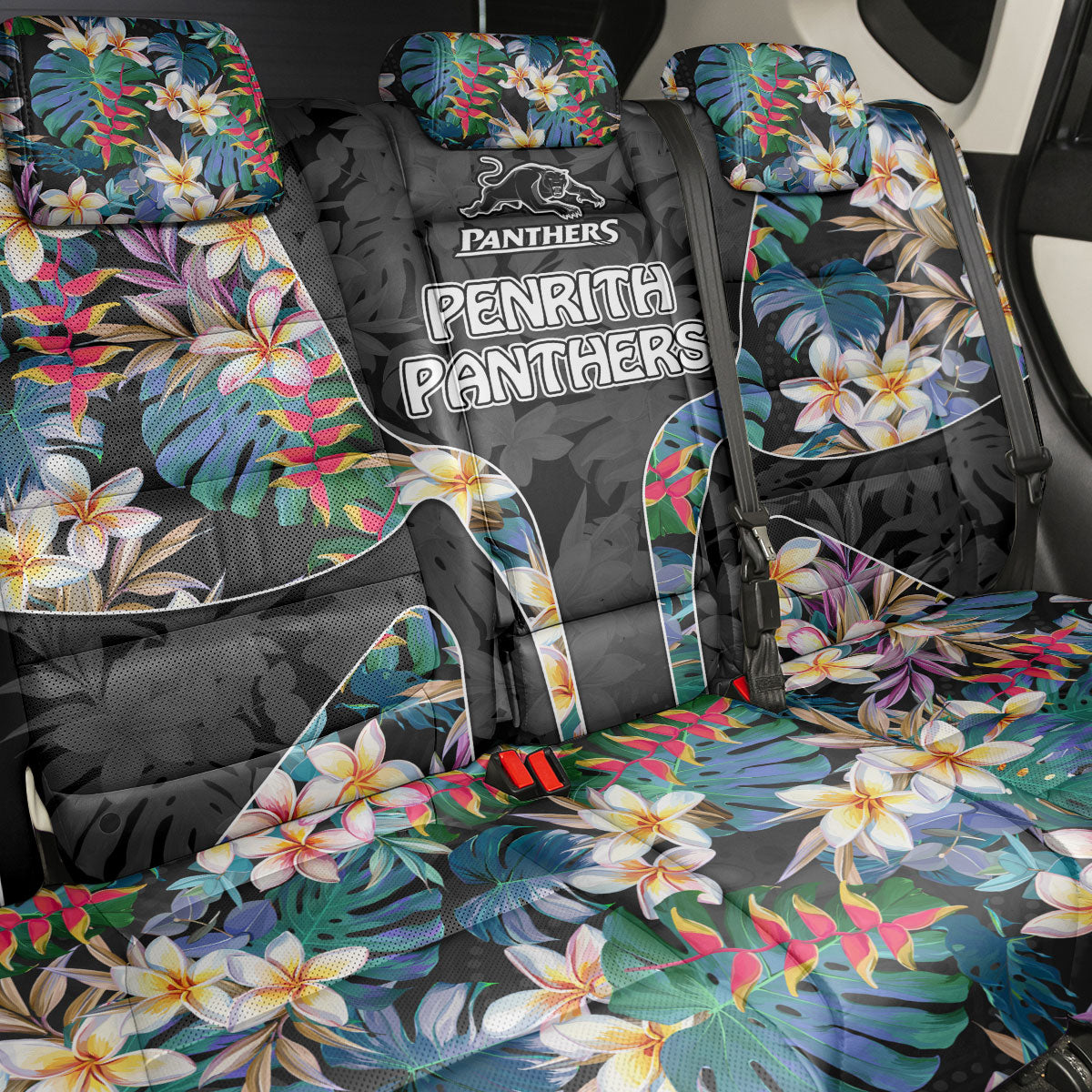 Penrith Panthers Back Car Seat Cover Tropical Hibiscus Floral Pattern With Black And Grey Accents