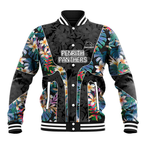 Penrith Panthers Baseball Jacket Tropical Hibiscus Floral Pattern With Black And Grey Accents