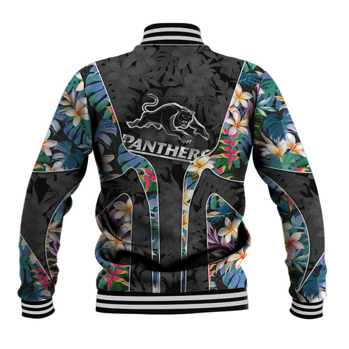 Penrith Panthers Baseball Jacket Tropical Hibiscus Floral Pattern With Black And Grey Accents