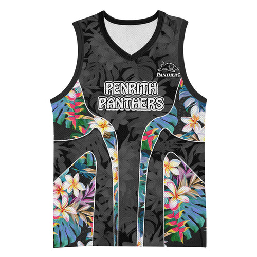 Penrith Panthers Basketball Jersey Tropical Hibiscus Floral Pattern With Black And Grey Accents