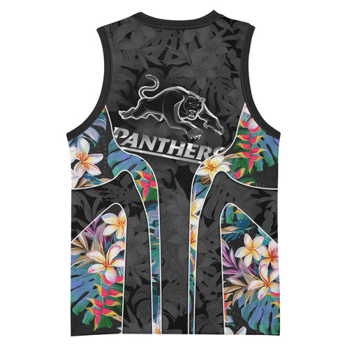 Penrith Panthers Basketball Jersey Tropical Hibiscus Floral Pattern With Black And Grey Accents