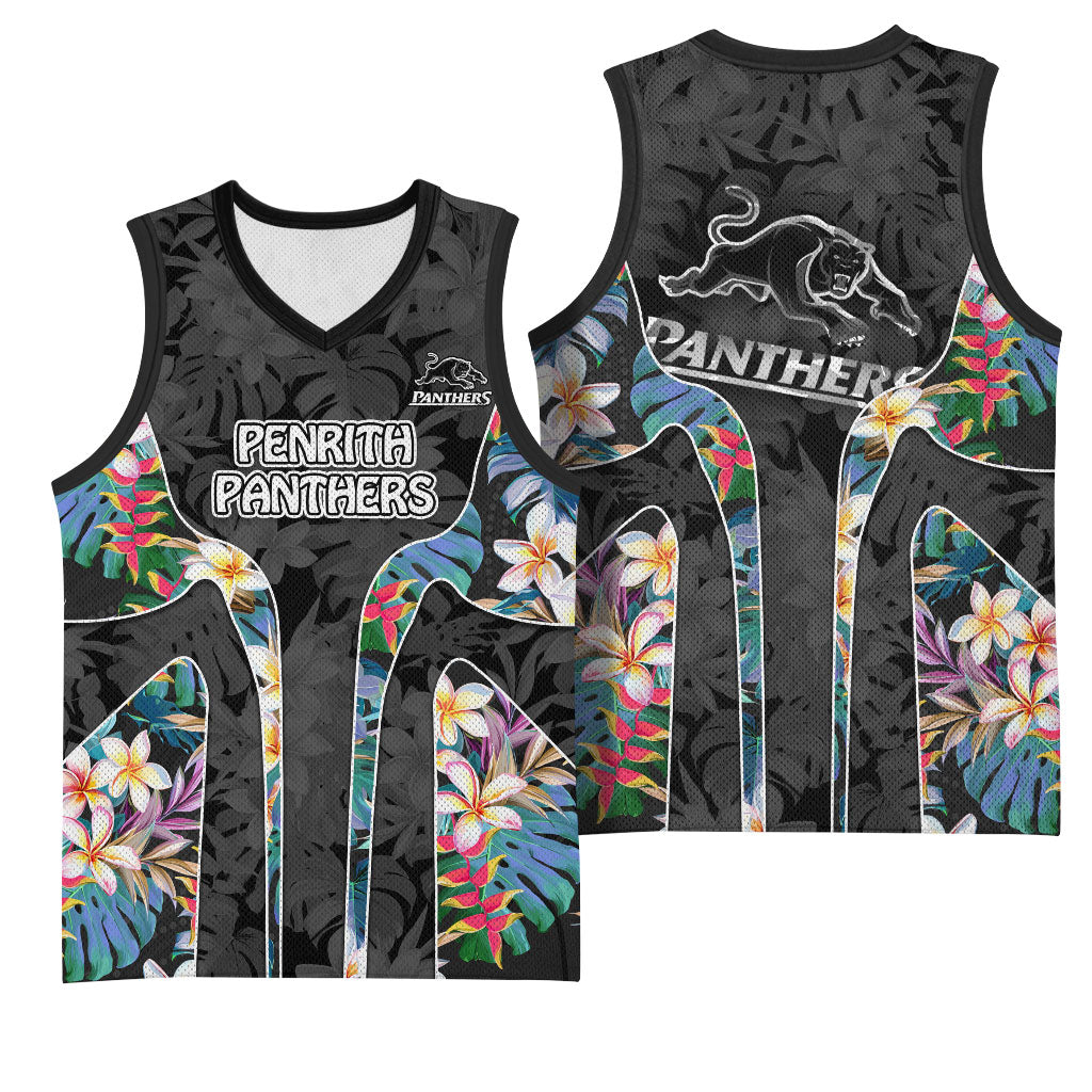 Penrith Panthers Basketball Jersey Tropical Hibiscus Floral Pattern With Black And Grey Accents