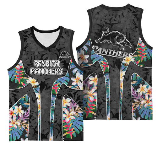 Penrith Panthers Basketball Jersey Tropical Hibiscus Floral Pattern With Black And Grey Accents