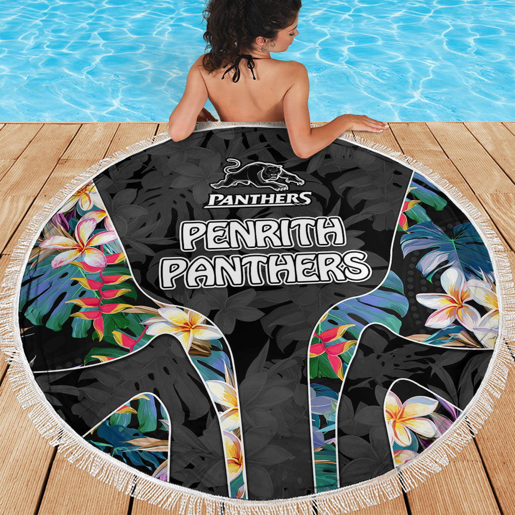 Penrith Panthers Beach Blanket Tropical Hibiscus Floral Pattern With Black And Grey Accents
