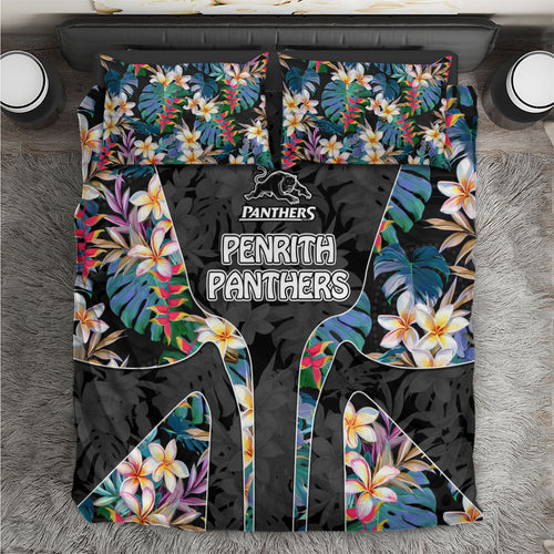 Penrith Panthers Bedding Set Tropical Hibiscus Floral Pattern With Black And Grey Accents
