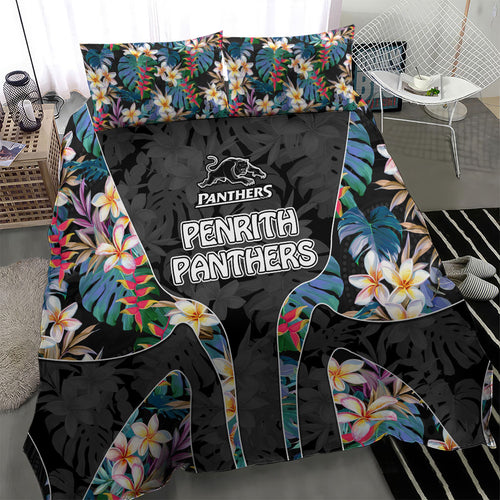 Penrith Panthers Bedding Set Tropical Hibiscus Floral Pattern With Black And Grey Accents