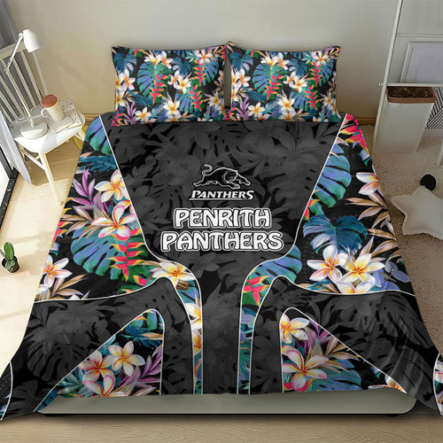 Penrith Panthers Bedding Set Tropical Hibiscus Floral Pattern With Black And Grey Accents