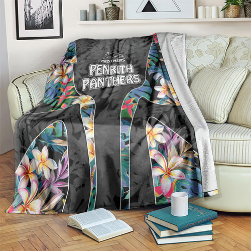 Penrith Panthers Blanket Tropical Hibiscus Floral Pattern With Black And Grey Accents