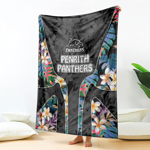 Penrith Panthers Blanket Tropical Hibiscus Floral Pattern With Black And Grey Accents