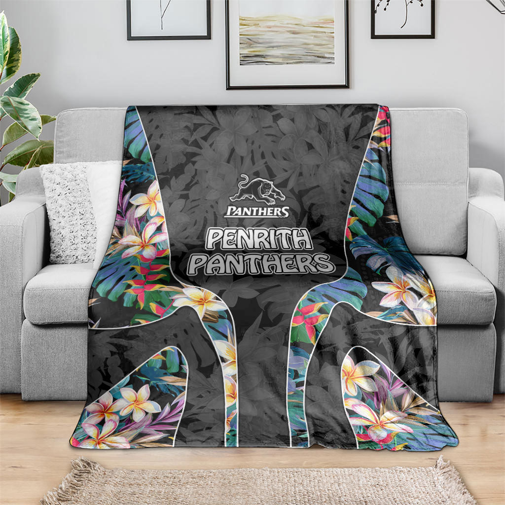 Penrith Panthers Blanket Tropical Hibiscus Floral Pattern With Black And Grey Accents