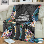 Penrith Panthers Blanket Tropical Hibiscus Floral Pattern With Black And Grey Accents