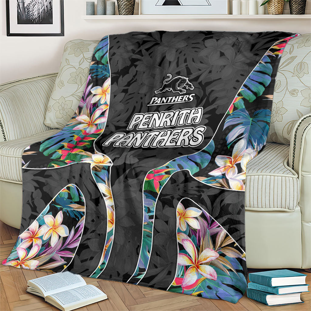Penrith Panthers Blanket Tropical Hibiscus Floral Pattern With Black And Grey Accents