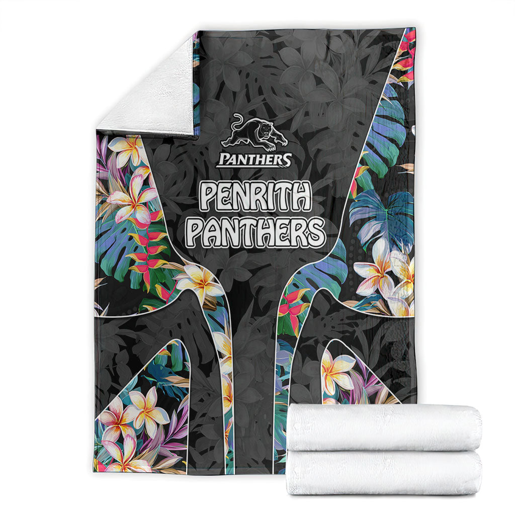 Penrith Panthers Blanket Tropical Hibiscus Floral Pattern With Black And Grey Accents