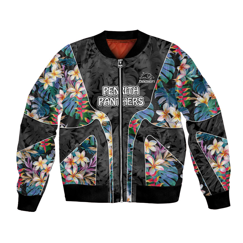 Penrith Panthers Bomber Jacket Tropical Hibiscus Floral Pattern With Black And Grey Accents