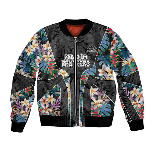 Penrith Panthers Bomber Jacket Tropical Hibiscus Floral Pattern With Black And Grey Accents