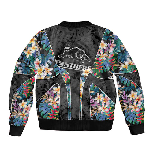 Penrith Panthers Bomber Jacket Tropical Hibiscus Floral Pattern With Black And Grey Accents