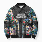 Penrith Panthers Bomber Puffer Jacket Tropical Hibiscus Floral Pattern With Black And Grey Accents