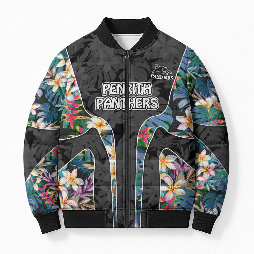 Penrith Panthers Bomber Puffer Jacket Tropical Hibiscus Floral Pattern With Black And Grey Accents