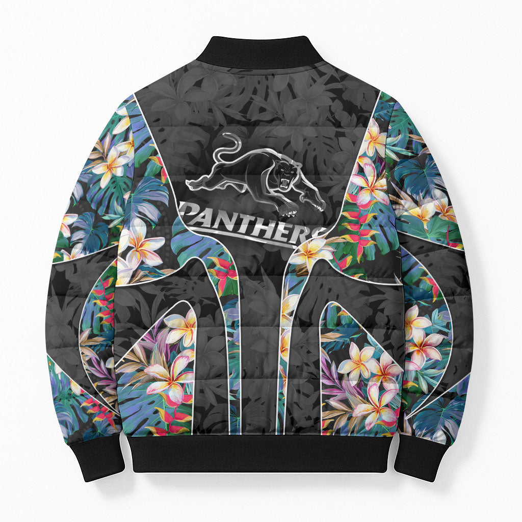 Penrith Panthers Bomber Puffer Jacket Tropical Hibiscus Floral Pattern With Black And Grey Accents