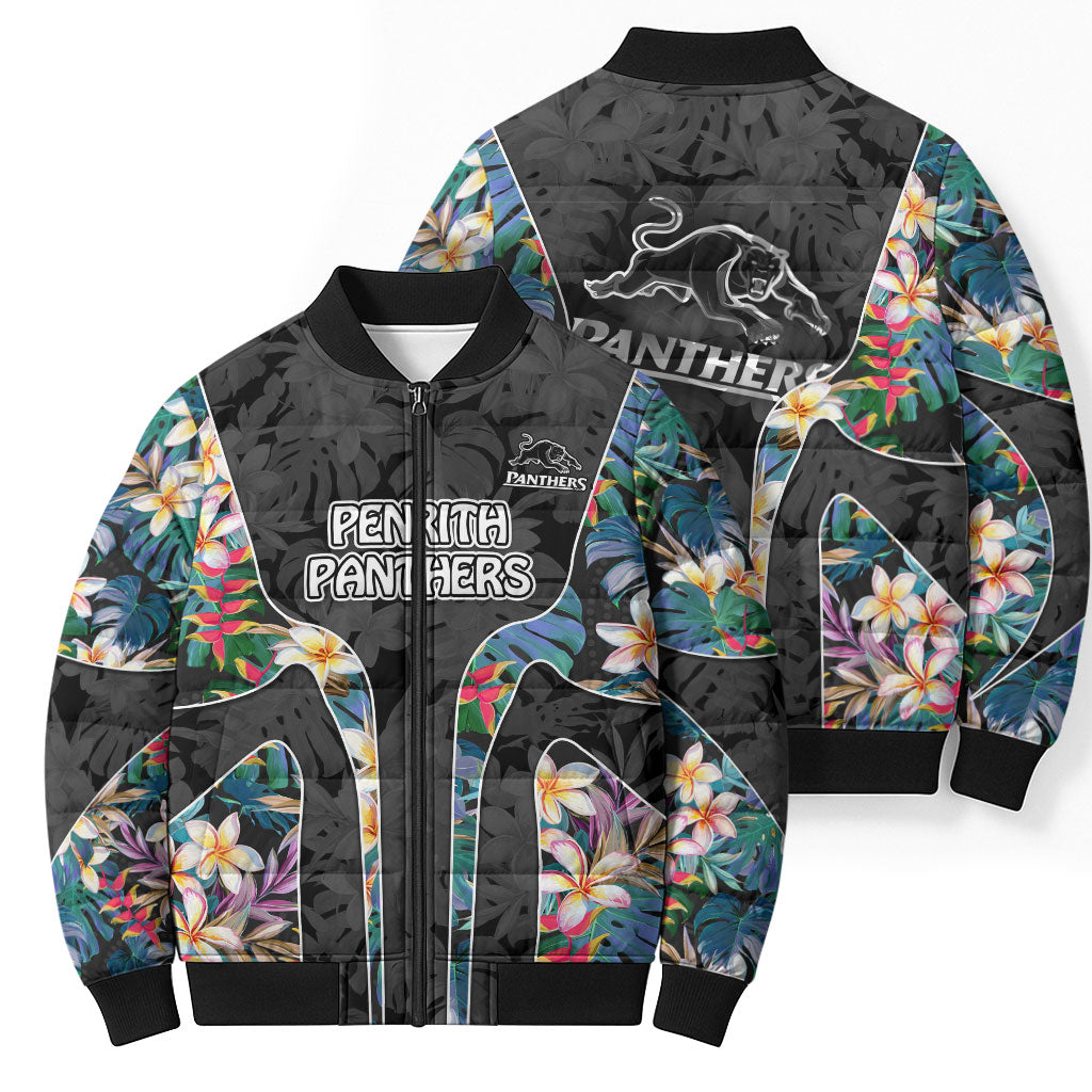Penrith Panthers Bomber Puffer Jacket Tropical Hibiscus Floral Pattern With Black And Grey Accents