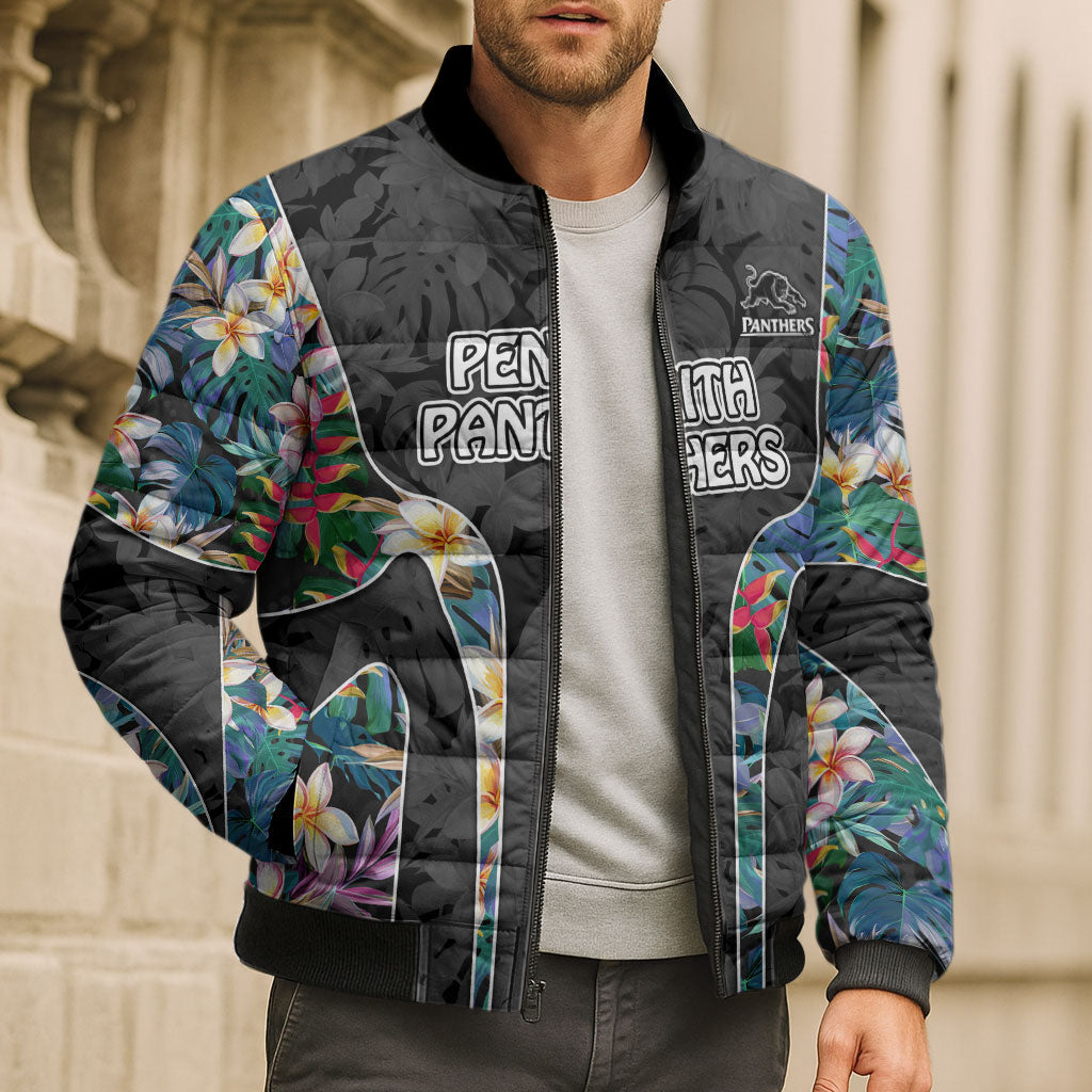 Penrith Panthers Bomber Puffer Jacket Tropical Hibiscus Floral Pattern With Black And Grey Accents