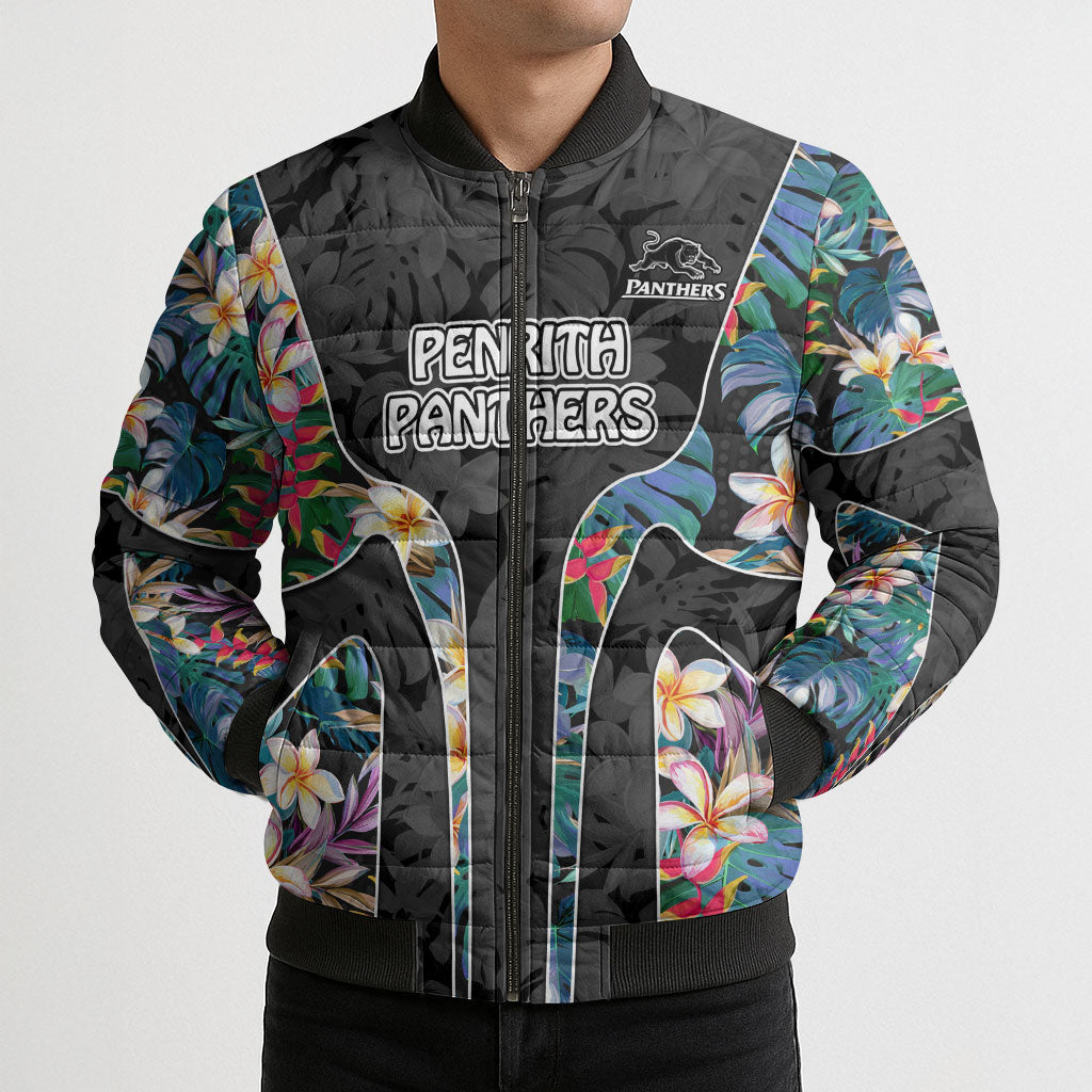 Penrith Panthers Bomber Puffer Jacket Tropical Hibiscus Floral Pattern With Black And Grey Accents
