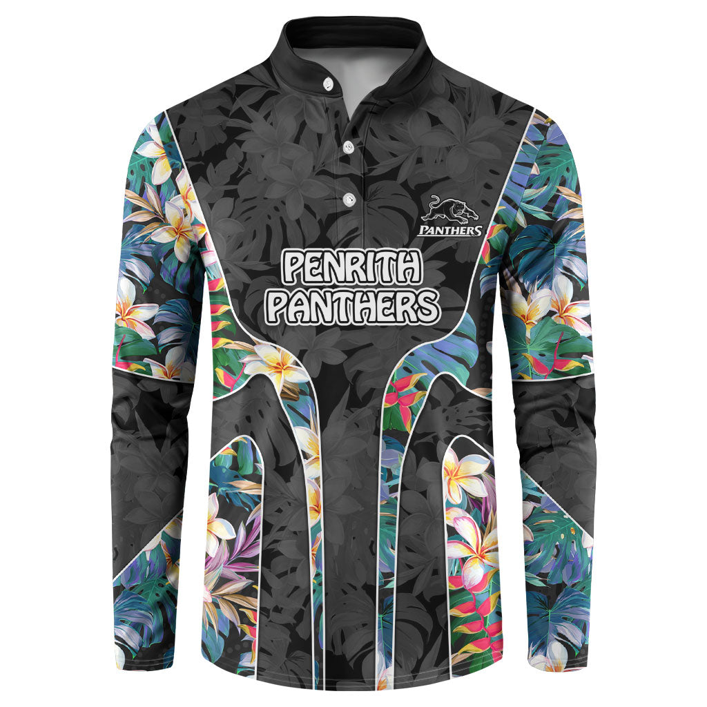Penrith Panthers Button Sweatshirt Tropical Hibiscus Floral Pattern With Black And Grey Accents
