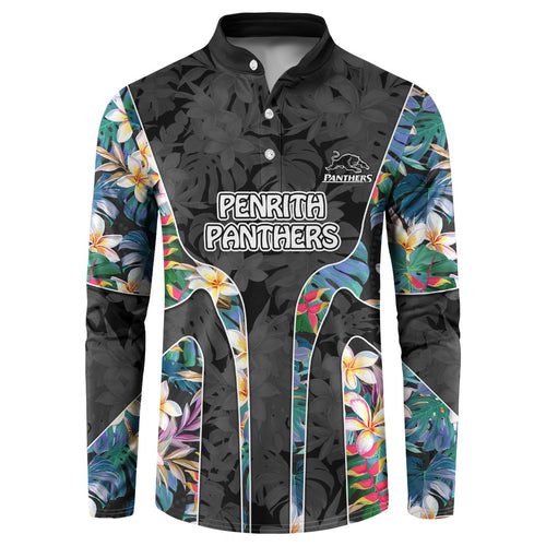 Penrith Panthers Button Sweatshirt Tropical Hibiscus Floral Pattern With Black And Grey Accents