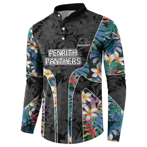 Penrith Panthers Button Sweatshirt Tropical Hibiscus Floral Pattern With Black And Grey Accents