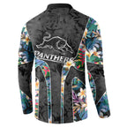 Penrith Panthers Button Sweatshirt Tropical Hibiscus Floral Pattern With Black And Grey Accents